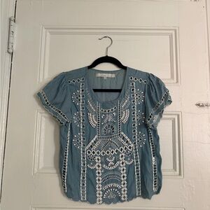 Lovers + Friends Blue Blouse with White Embroidery